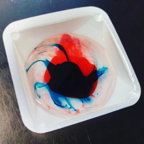Image: Blue and red food coloring swirled into water inside a white plastic tray.