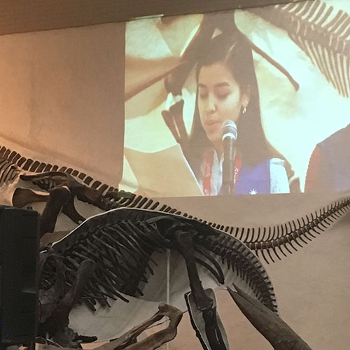 EVO student Cristal Arguello gives a speech at the Peabody's Martin Luther King, Jr. Day Celebration